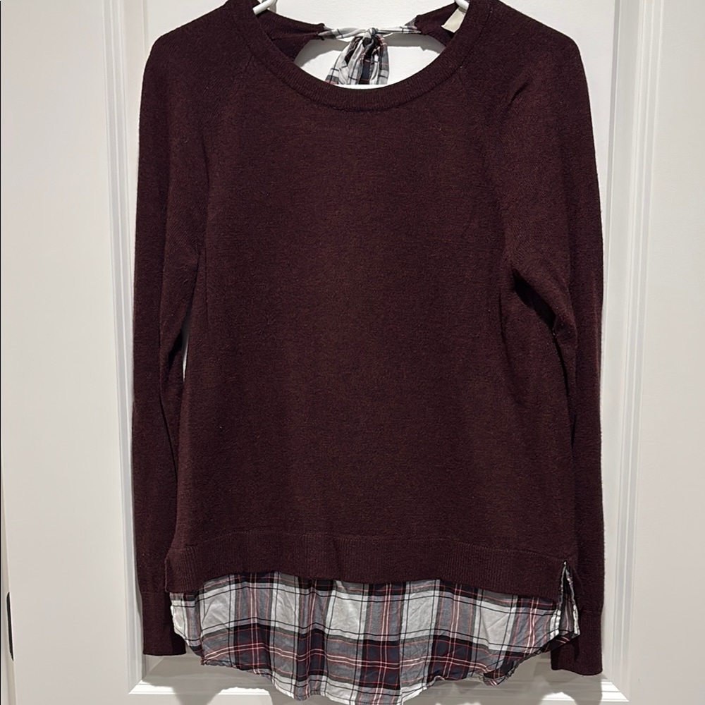 Burgundy Top with Plaid Hem